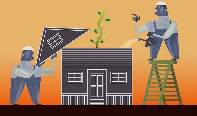 Illustration of two people taking the roof off a house and watering it with a plant growing