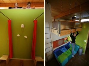 Kids Loft with Veneer Plywood Ceilings and Brightly Colored Walls.