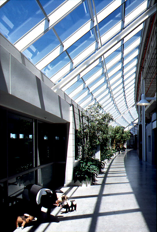 Modern and Green Herman Miller Factory in Traverse City, MI has Daylit Atrium that stretches alongside the Factory Floor and that is Full of Bamboo, Plants and Playfull Scultprues Designed by Virginia Commercial Architect.
