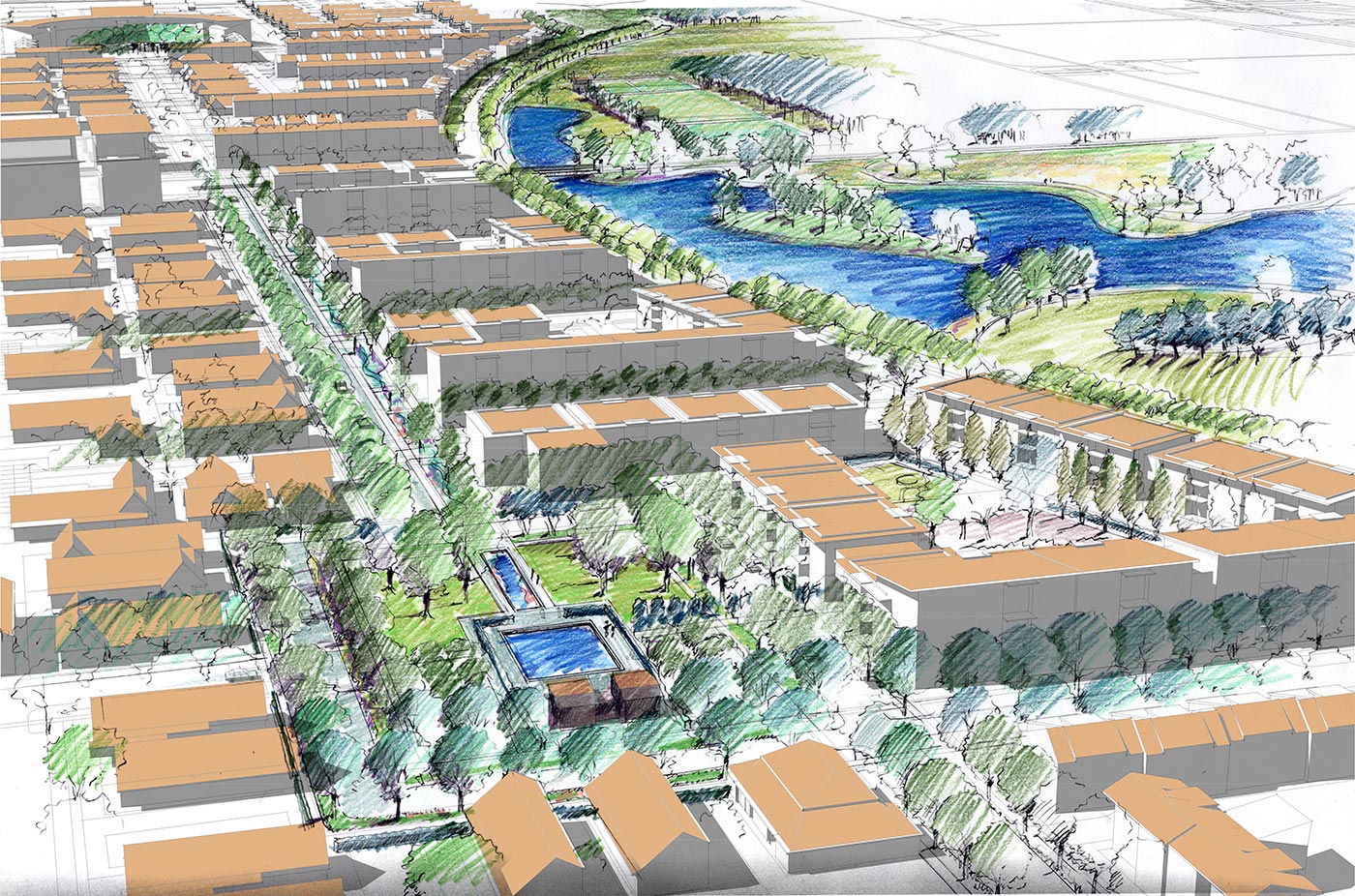 University of Illinois at Champaign-Urbana Sketch for New Community showing Garden, Pond and Pedestrian-Friendly Streetscape Designed by Charlottesville, Virginia Architect HEDS.