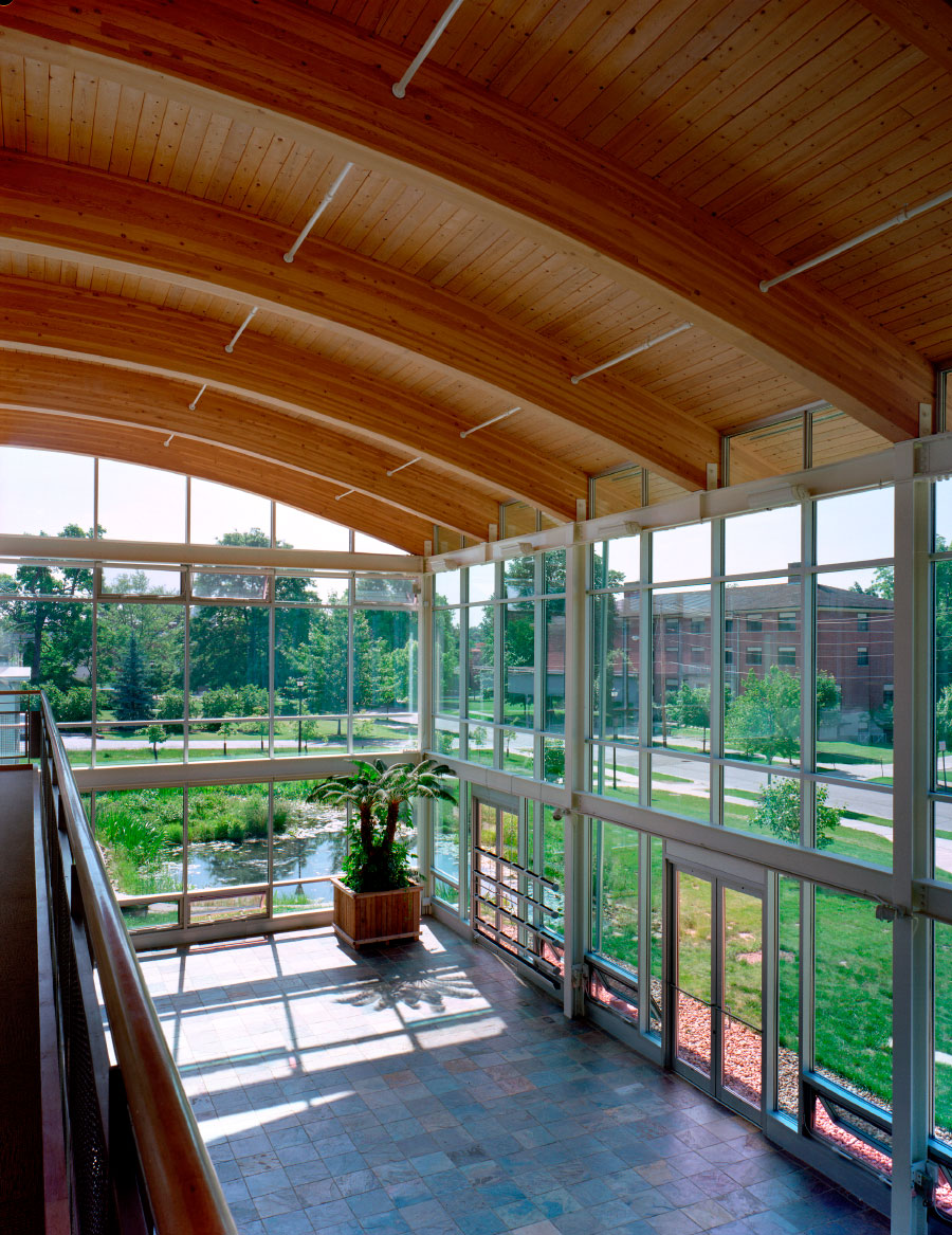 Curved Wood Clad Ceiling at the Entry Atrium of the Adam J Lewis Environmental Studies Center at Oberlin College by Virginia Green Architect.
