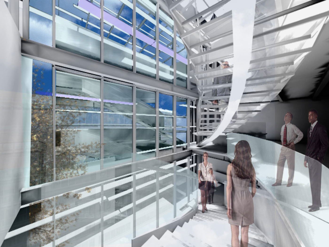Interior Perspective for The Ocean Conservancy in DC by Virginia Architect shows Stair and Colorful Glass Windows Overlooking K Street.